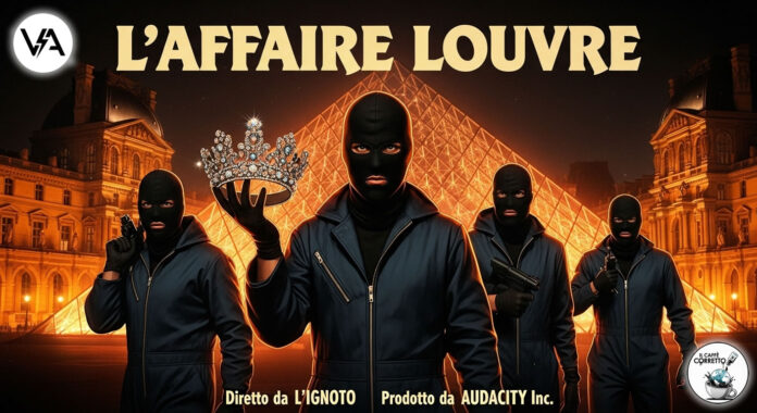 Locandina di un film fittizio sulla rapina al Louvre, in stile heist movie, con ladri stilizzati.
