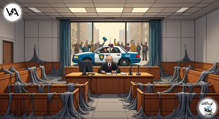 Illustrazione satirica della riforma Nordio con un'aula di tribunale vuota e borseggiatrici libere in città.