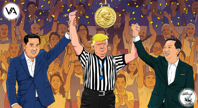 Caricatura di Donald Trump come arbitro che sancisce l'accordo di pace tra Thailandia e Cambogia per vincere il Nobel.