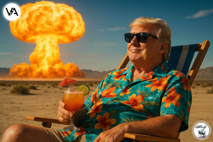 Donald Trump in vacanza nel deserto ammira un test nucleare con un cocktail in mano.