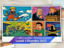 Pagina fumetto satirico con Salvini che costruisce ponte di nuvole, Netanyahu che chiede grazia, acido scarpe calcio, tredicesime che volano via, Bruzzone scomparsa tv.