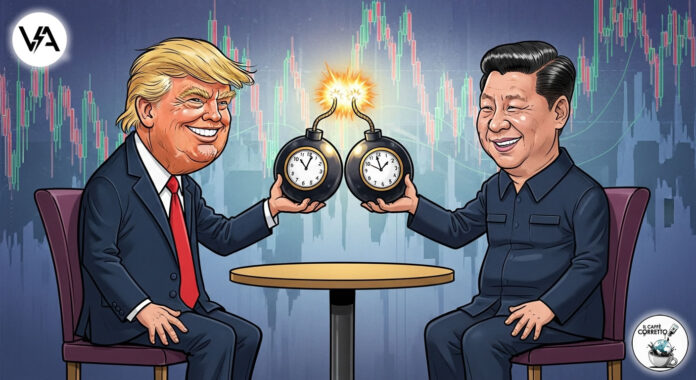 Trump e Xi Jinping brindano con due bombe a orologeria, simbolo dell'accordo USA Cina.