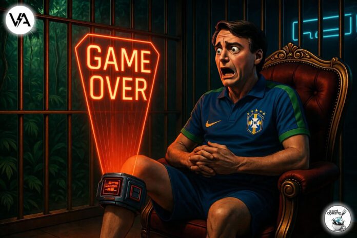 Bolsonaro arrestato guarda il suo braccialetto elettronico gigante in una cella.