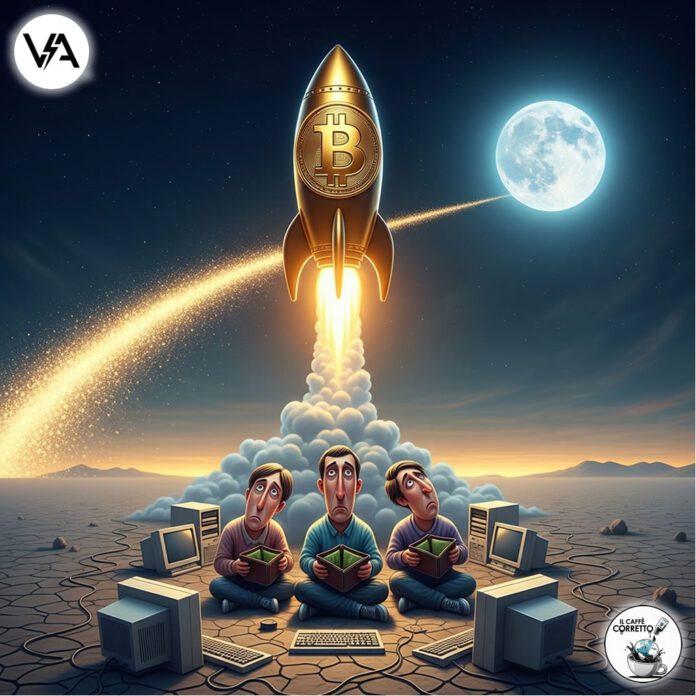 Un razzo a forma di moneta Bitcoin vola verso la luna lasciando una scia d'oro, mentre a terra persone tristi guardano portafogli vuoti.
