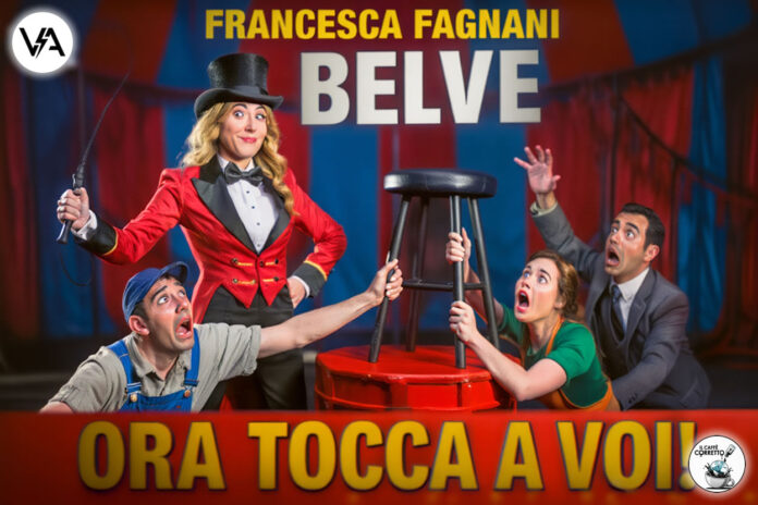 Francesca Fagnani vestita da domatrice che gestisce una folla di persone comuni per il nuovo programma Belve Nip.