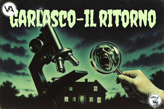 Locandina horror satirica sul caso Garlasco con microscopio gigante.