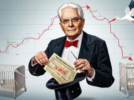 Caricatura di Mattarella che fa magie con bollette e culle vuote per rappresentare la crisi della natalità.