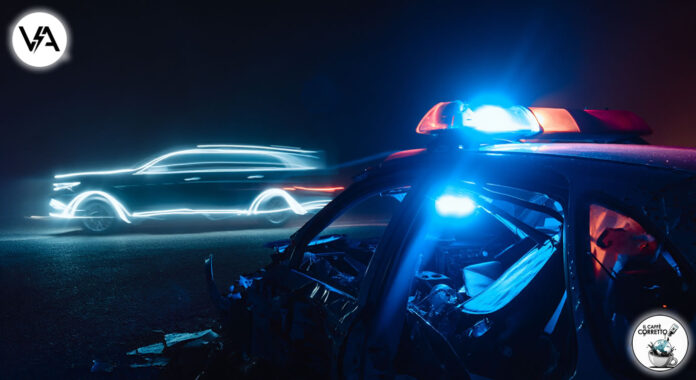 Rappresentazione artistica di un SUV fantasma che fugge dopo aver causato la morte di un poliziotto.