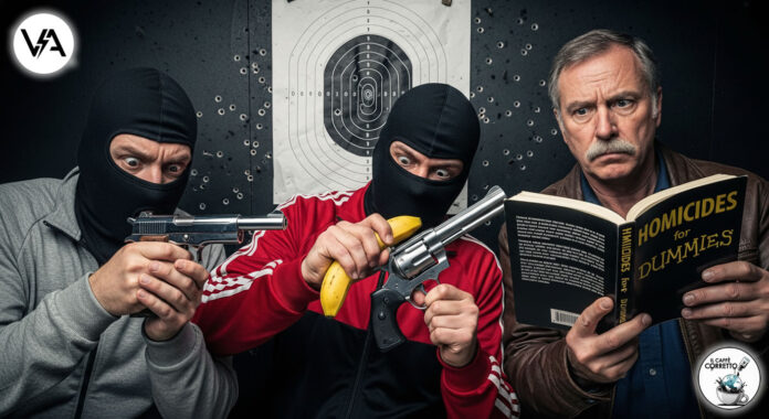 Killer incompetenti si allenano, immagine satirica sull'omicidio per errore a Messina.