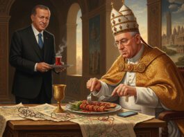 Il Papa a tavola con Erdogan in Turchia cerca di mangiare kebab con posate d'argento.