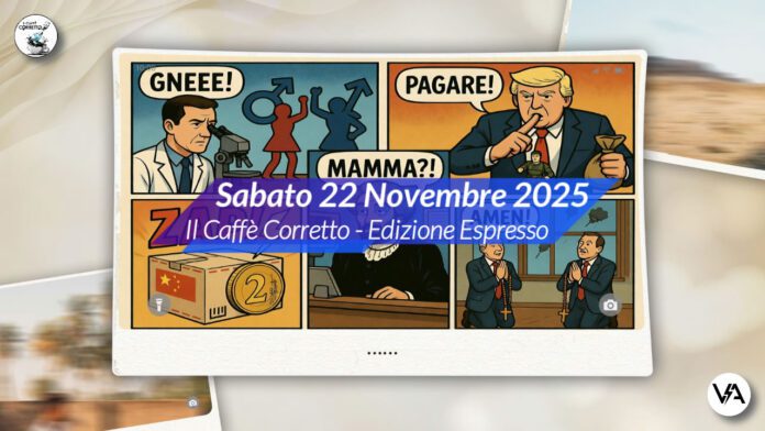 Pagina fumetto satirica in stile vintage divisa in 5 vignette: Nordio scienziato che studia simboli di genere, Trump gigante che schiaccia soldati, uomo travestito da anziana alle Poste, pacchi cinesi colpiti da fulmini a forma di moneta e diplomatici che pregano il rosario.