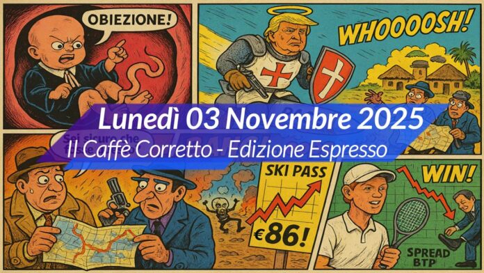 Vignetta satirica sulle notizie del giorno: un feto avvocato, Trump su un missile, killer inetti, skipass costosi e Sinner salvatore.