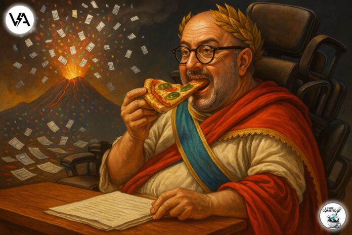 Caricatura satirica del ritorno di Sangiuliano eletto in Campania seduto su un trono di poltrone.