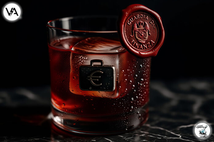 Un bicchiere di Negroni con un sigillo della Finanza, a simboleggiare il sequestro a Campari.