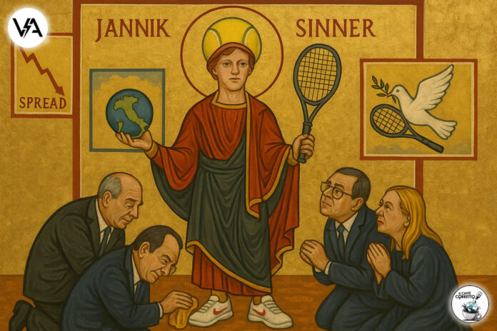 Immagine satirica di Jannik Sinner ritratto come un santo bizantino, salvatore della patria.
