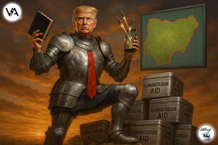 Donald Trump vestito da crociato minaccia la Nigeria, immagine satirica sulla sua politica estera.