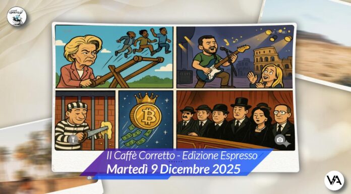 l’espresso! 09/12: evasioni vintage e mutui panettone illustrazione fumetto satirico a 5 pannelli: ursula von der leyen catapulta migranti, zelensky suona la chitarra a roma, detenuto sega sbarre di burro, bitcoin vola sulla luna, pubblico della scala vestito a lutto.