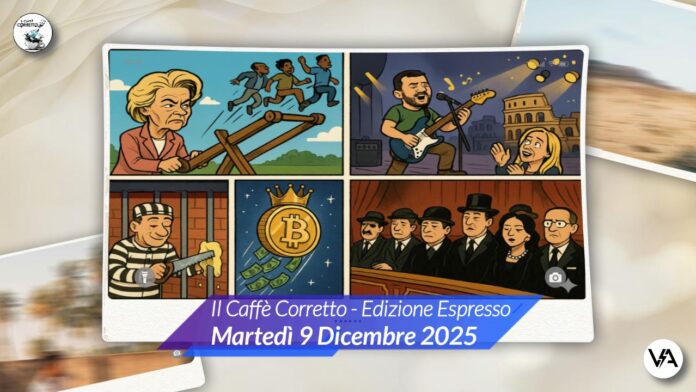 Illustrazione fumetto satirico a 5 pannelli: Ursula von der Leyen catapulta migranti, Zelensky suona la chitarra a Roma, detenuto sega sbarre di burro, Bitcoin vola sulla luna, pubblico della Scala vestito a lutto.