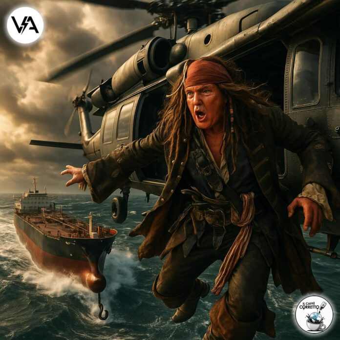 Donald Trump pirata Jack Sparrow elicottero sequestra petroliera venezuela
