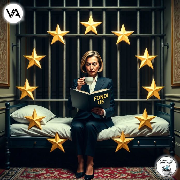 ederica Mogherini in una cella fatta di stelle europee legge documenti sui fondi UE.