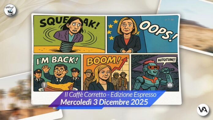 Vignette satiriche su Schlein perno, arresto Mogherini, ritorno Cuffaro, record occupazione Meloni e concerto Sfera Ebbasta.
