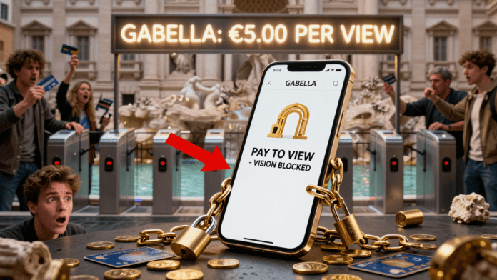 Smartphone di lusso dorato con il logo dell'App GABELLA sullo schermo che indica 
