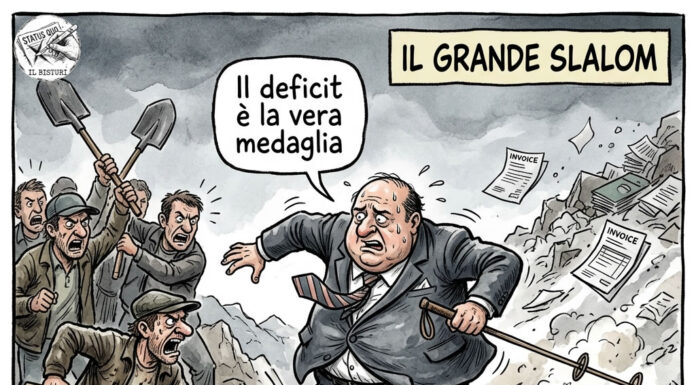 il premeditato naufragio: le olimpiadi milano cortina 2026 e l’arte del buco di bilancio preventivo vignetta satirica sul burocrate che scia tra i debiti per le olimpiadi milano cortina 2026.