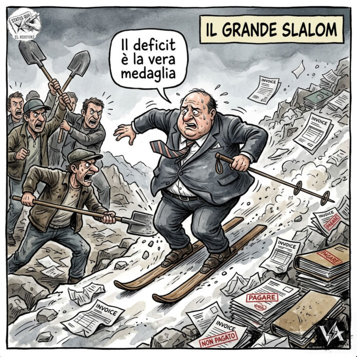 Vignetta satirica sul burocrate che scia tra i debiti per le Olimpiadi Milano Cortina 2026.
