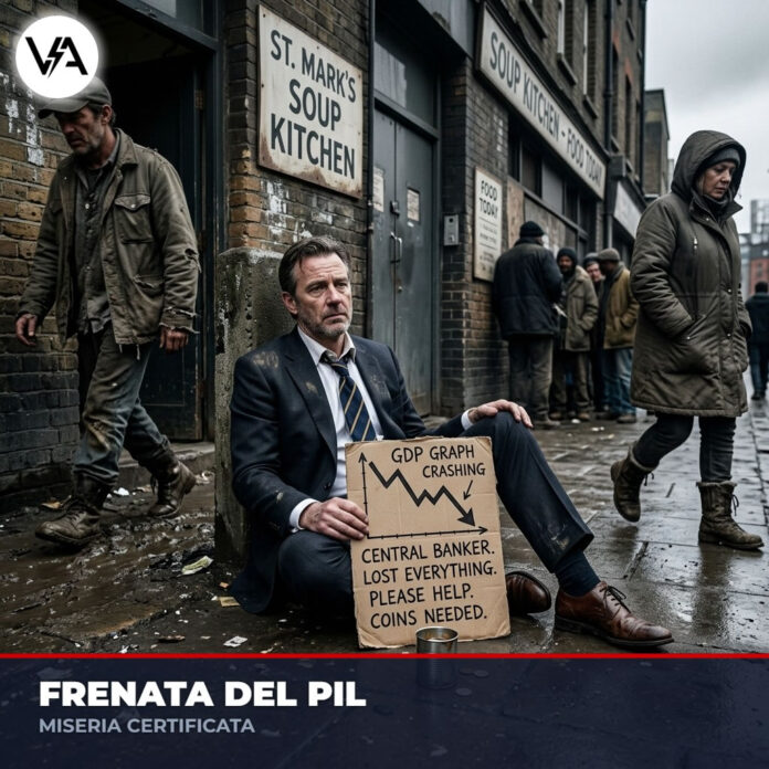 Frenata PIL satira banchiere che chiede elemosina con grafico in calo
