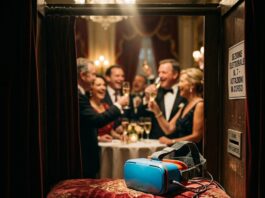 kit democrazia olografica: illuditi in alta definizione fotografia concettuale del kit democrazia olografica, un visore vr luminoso abbandonato su un cuscino all'interno di una cabina elettorale, mentre i politici festeggiano sullo sfondo.