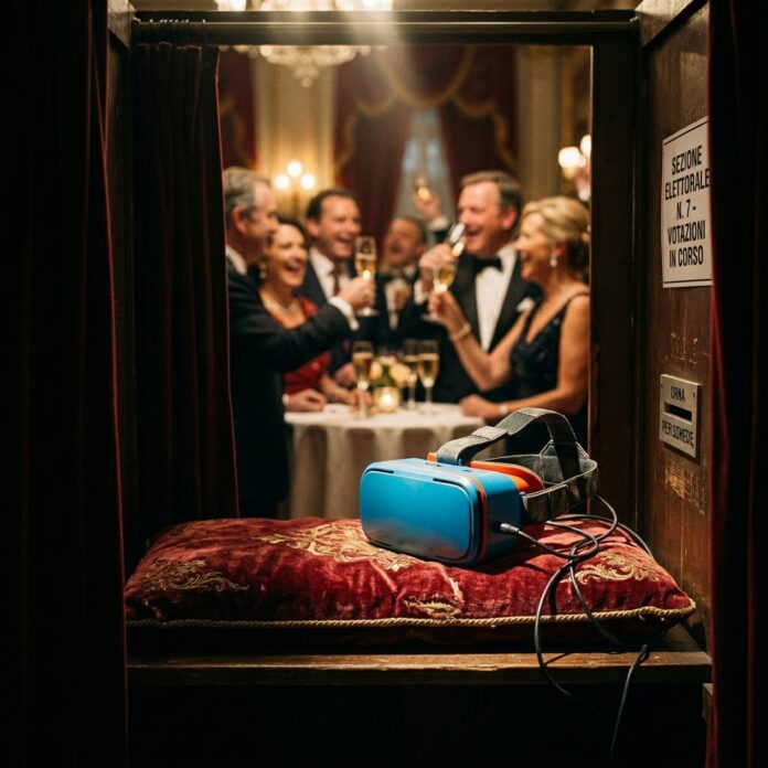 Fotografia concettuale del Kit Democrazia Olografica, un visore VR luminoso abbandonato su un cuscino all'interno di una cabina elettorale, mentre i politici festeggiano sullo sfondo.