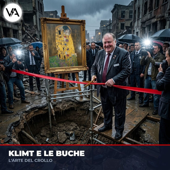 Klimt Ricci Oddi satira quadro restaurato inaugurato su strada dissestata