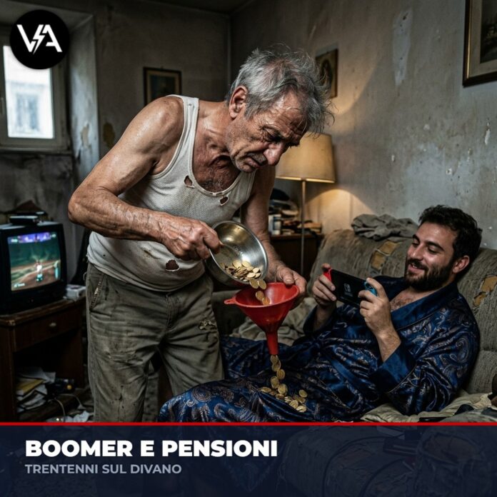 Boomer Pensione Figli - Padre che dà oro al figlio fannullone