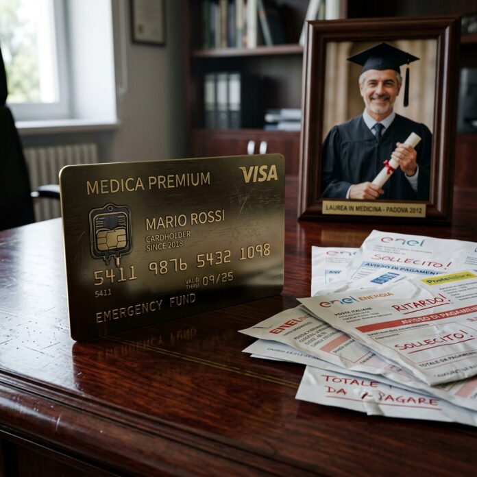 Dettaglio della carta di credito dorata Pensione-Transfer con catetere integrato per il prelievo pensionistico.