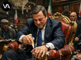 la chiara verità sulla meloni alle camere: nessun rimpasto nel governo meloni camere rimpasto governo illustrato satiricamente con ministri incollati alle sedie