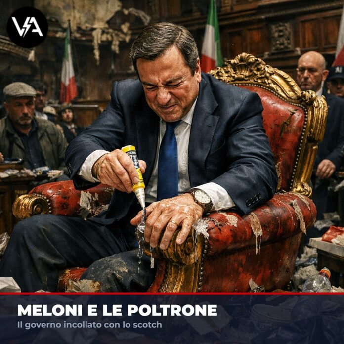 Meloni Camere Rimpasto Governo illustrato satiricamente con ministri incollati alle sedie