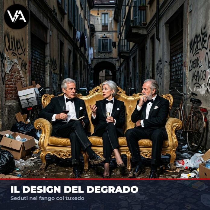 Salone Mobile Milano Espositori mostrato con divani elitari in mezzo all'immondizia