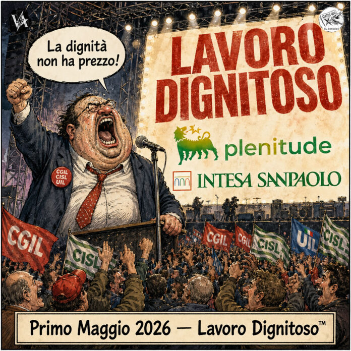 Concertone Primo Maggio 2026 - Satira su ENI Plenitude sponsor lavoro dignitoso