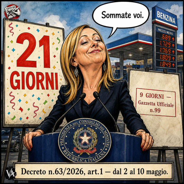 accise benzina Meloni - Satira sul decreto accise e l'annuncio dei 21 giorni