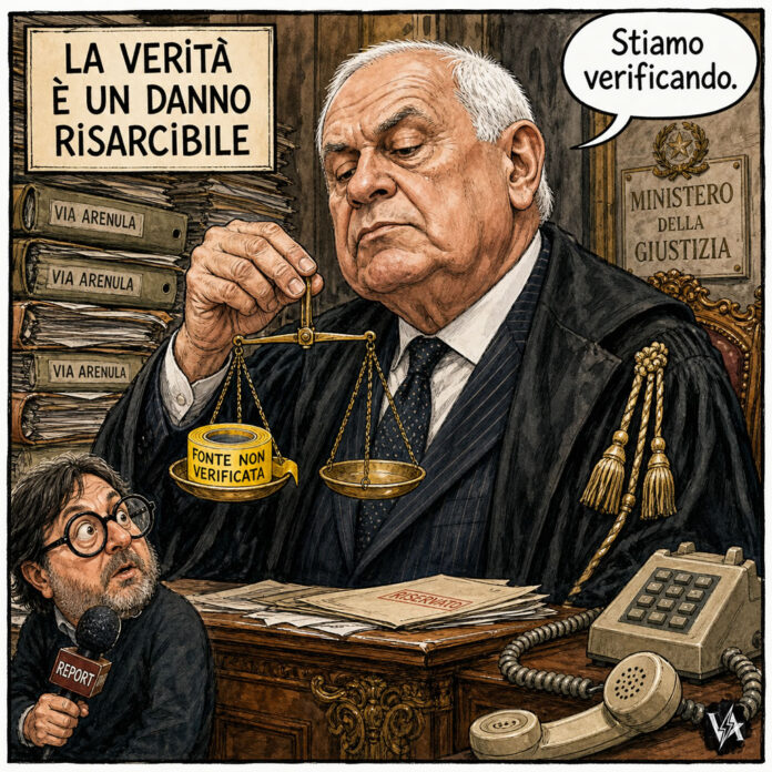 Vignetta satirica - Nordio querela Ranucci per notizia non verificata sul ranch Minetti