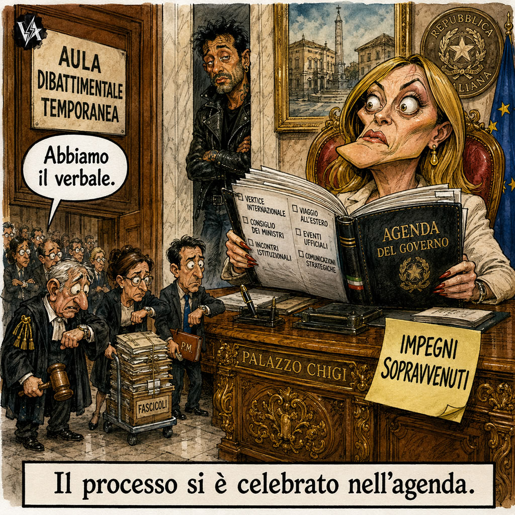Vignetta Satirica sul Processo Meloni-Corona e il Rinvio dell'Udienza a Palazzo Chigi processo Meloni Corona Palazzo Chigi - Satira su Giorgia Meloni