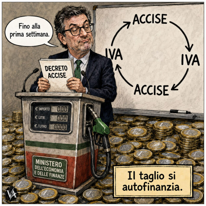 proroga accise benzina maggio 2026 - Satira su Giorgetti