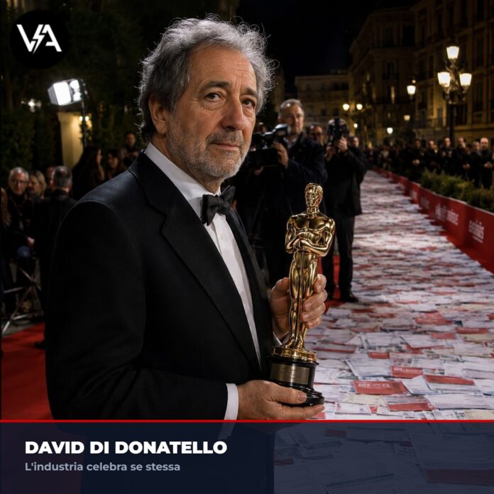 David di Donatello - Il regista ritira il premio su un tappeto di bollette.